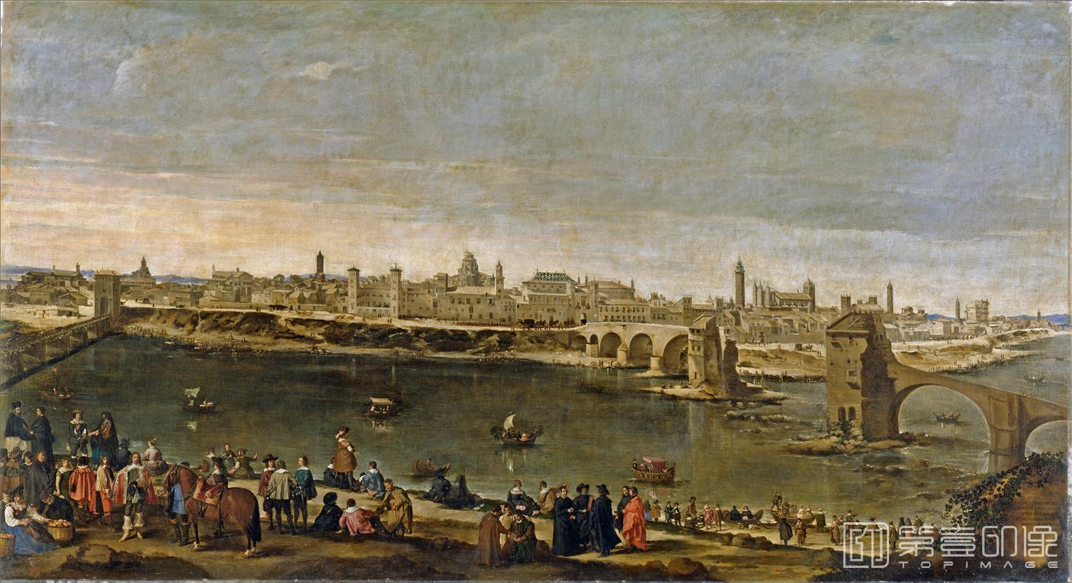 油画-西班牙普拉多美术馆油画藏画-Martínez del Mazo, Juan Bautista-Vista de la ciudad de Zaragoza-181cm x 331cm-1738